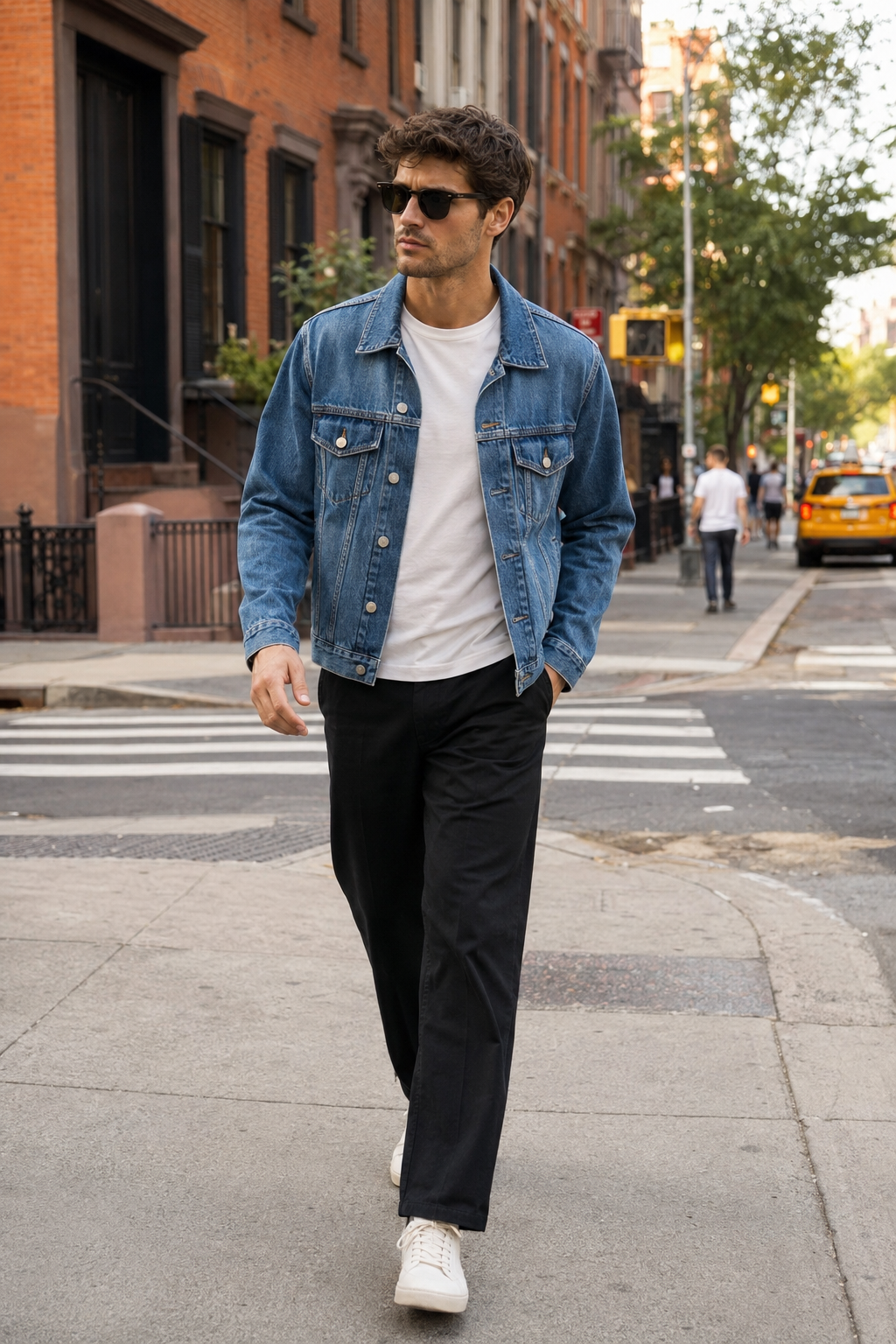 Male fashion model wearing a denim jacket outdoors in New York