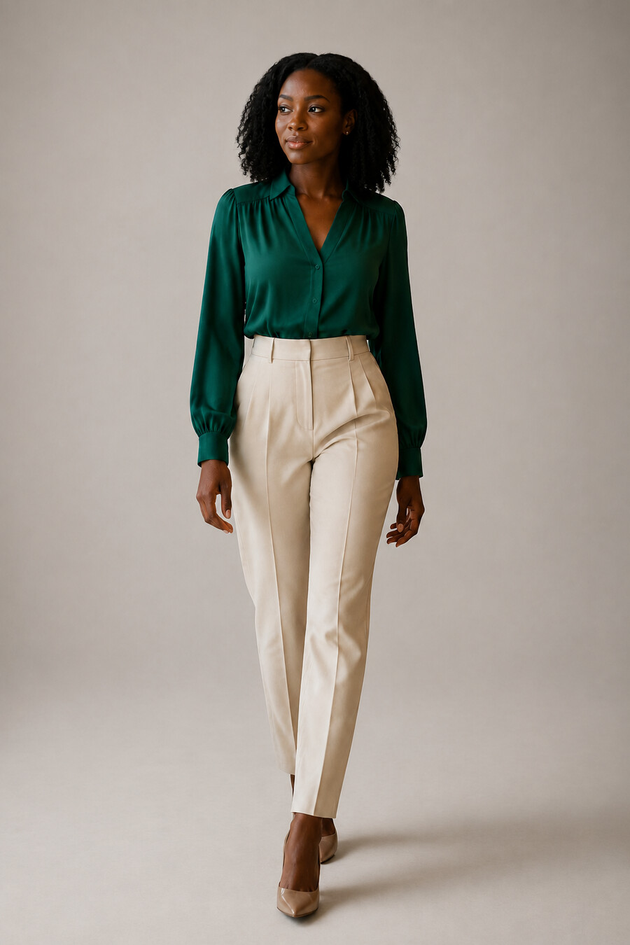 Black female fashion model wearing an emerald blouse in a studio